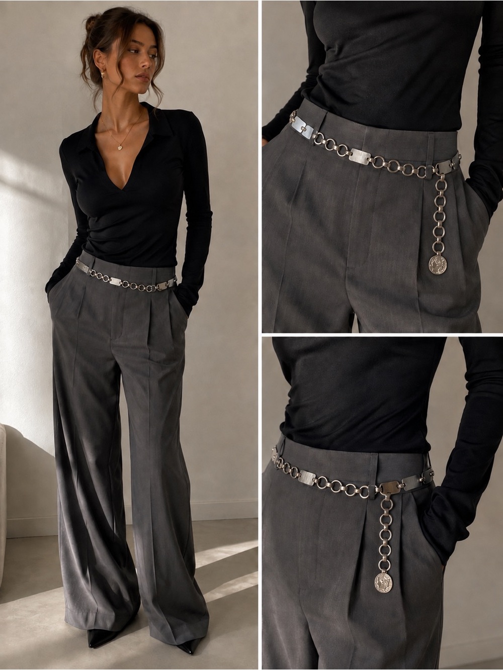 Minimalist Silver Circle-Link Chain Belt with Coin Charm